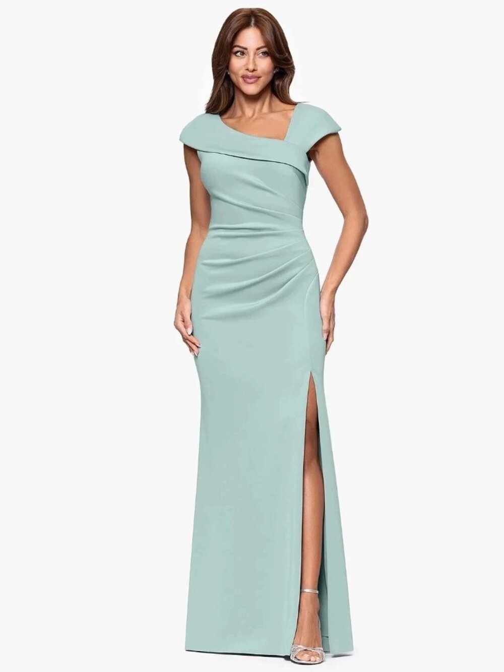 Xscape Sage Green Asymmetric-Neck Side-Slit Scuba Gown